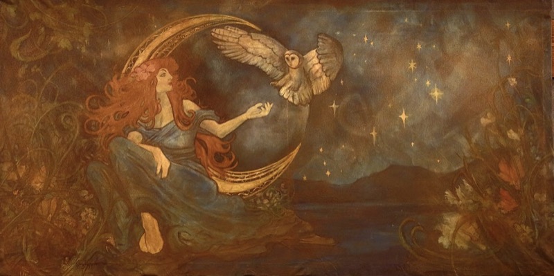 Mural of a red-haired woman reclining on a crescent moon beside a white owl, under stars